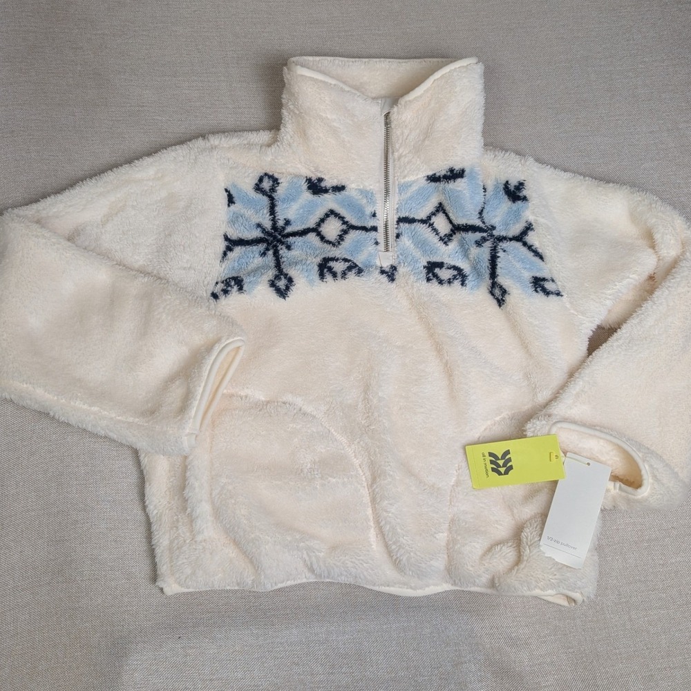 All in Motion Fleece Pullover Kids XL 14 Cream NWT 1/2 Zip Snowflake Pocket